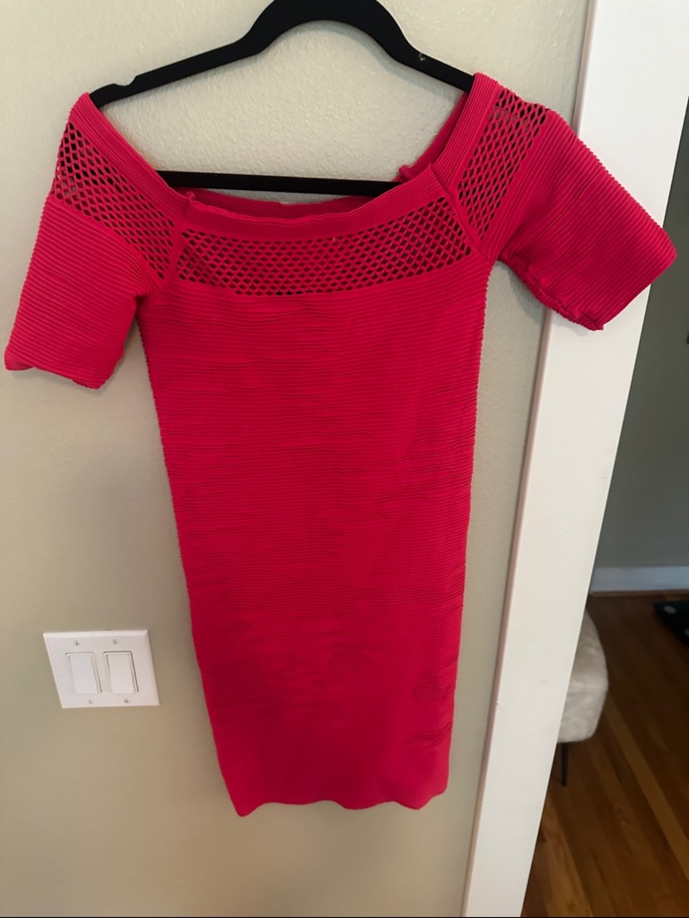bebe Fitted Off-Shoulder Mini Dress in Hot Pink